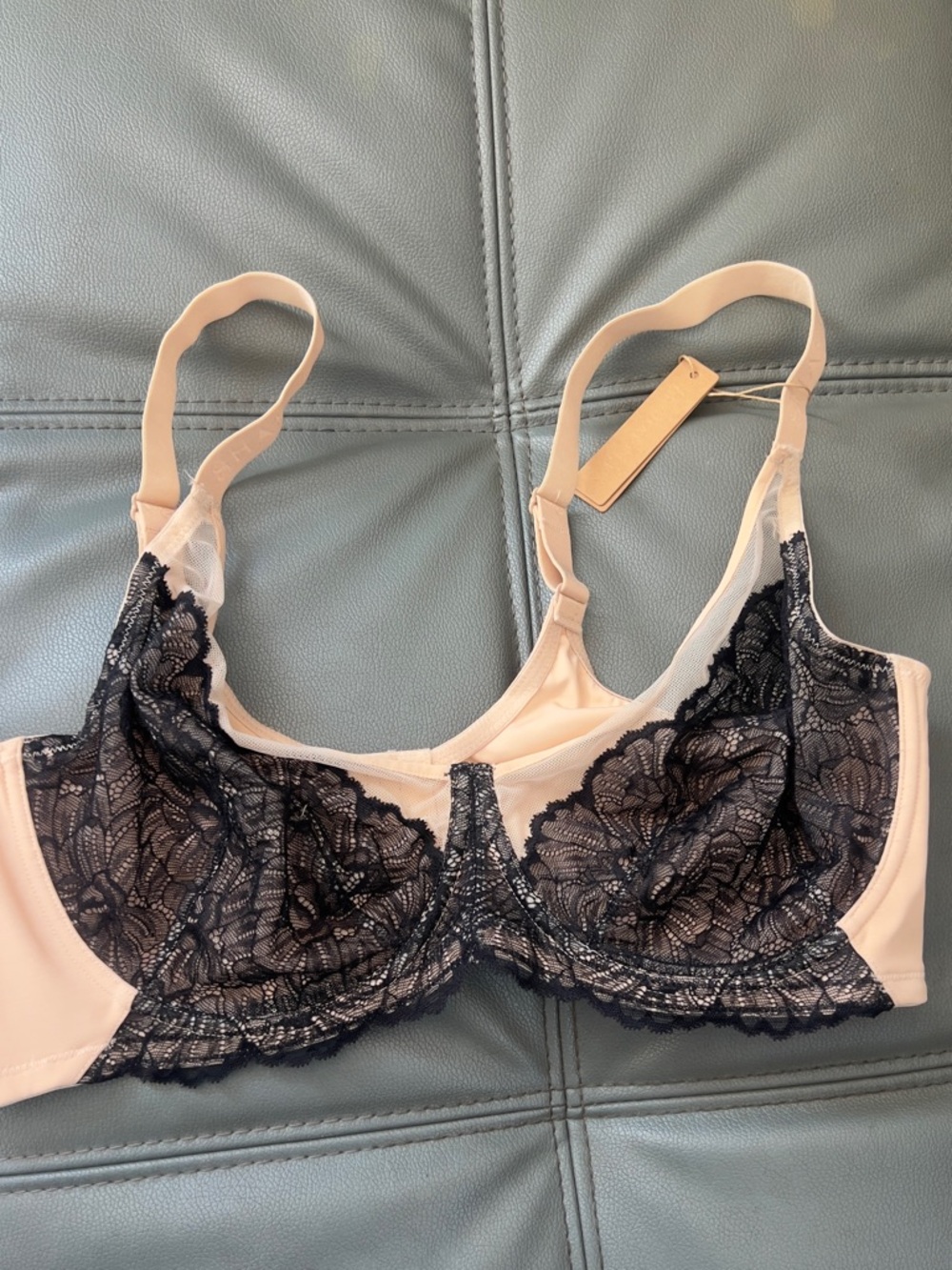 Sheer Black Lace Overlay Bra on Blush Base